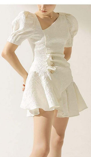 PUFFY SLEEVE BUTTON MINI DRESS IN WHITE DRESS OH CICI